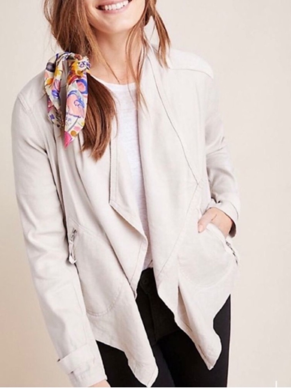 Anthropologie Draped Open Front Jacket Women’s Large Beige Linen Blend Waterfall